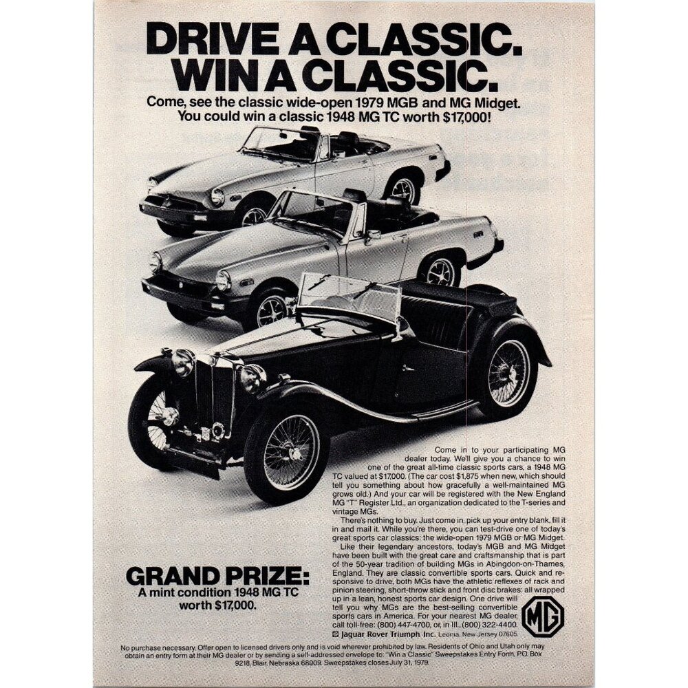 1979 MG MGB and Midget Vintage Print Ad 1948 MG TC Roadter Man Cave Wall Art